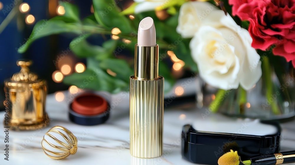 Glamorous lipstick and cosmetics with roses Glamorous lipstick and cosmetics with roses