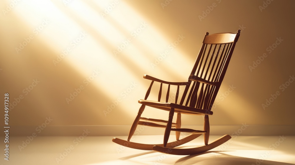 Relaxing wooden rocking chair illuminated by soft light in a serene indoor setting, perfect for illustrating comfort and tranquility in home decor concepts Relaxing wooden rocking chair illuminated by soft light in a serene indoor setting, perfect for illustrating comfort and tranquility in home decor concepts