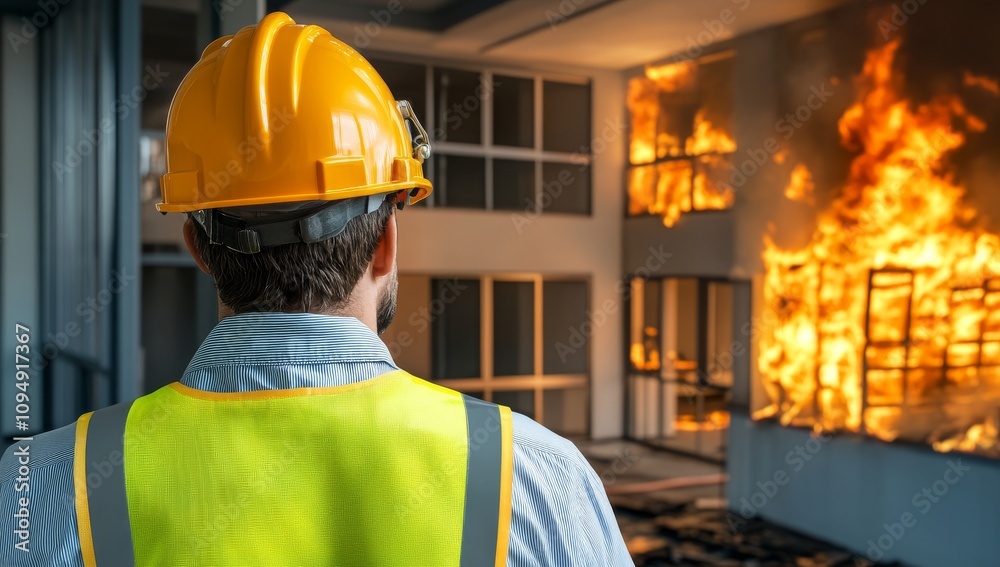 Engineer wearing yellow vest and helmet looking at fire in office building, close-up shot from back Engineer wearing yellow vest and helmet looking at fire in office building, close-up shot from back