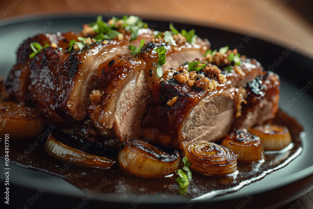 gourmet pork roast with crispy skin, caramelized onions, and garnish on a sleek black plate gourmet pork roast with crispy skin, caramelized onions, and garnish on a sleek black plate