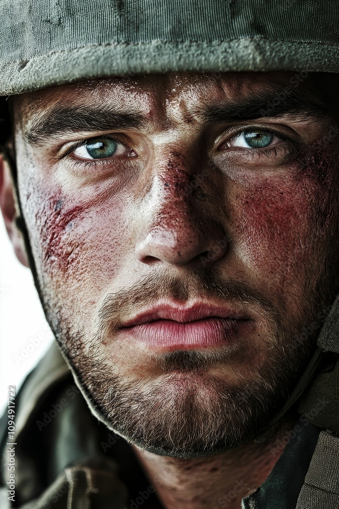 Close-up of a battle-weary soldier's face. Close-up of a battle-weary soldier's face.