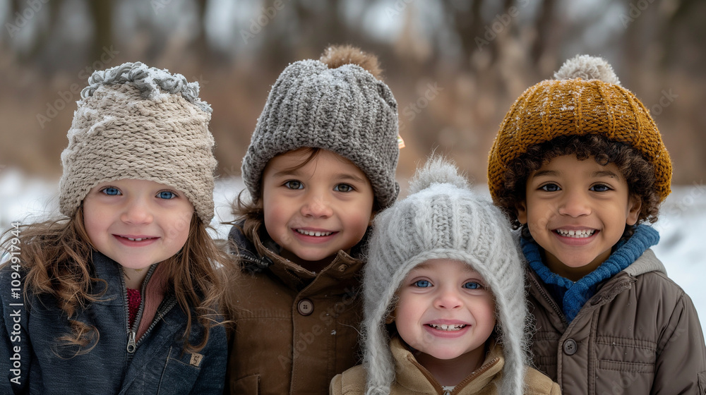 Diverse children smiling in falling snow, dressed in colorful winter gear. Diverse children smiling in falling snow, dressed in colorful winter gear.