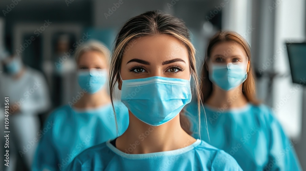 Group of healthcare professionals in blue scrubs and masks focused on patient care in a modern clinical environment emphasizing teamwork and safety measures against infectious diseases. Group of healthcare professionals in blue scrubs and masks focused on patient care in a modern clinical environment emphasizing teamwork and safety measures against infectious diseases.