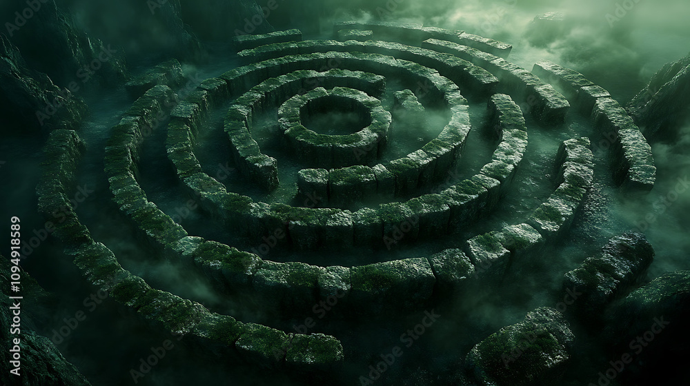 The circular maze is surrounded by lush greenery, illuminated by soft rays of light.