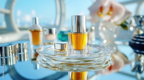 Luxurious skincare display with sunlight and reflections. photo