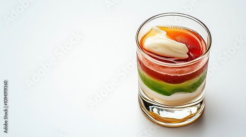 Layered appetizer in a glass with red, green, and white sauce, topped with a dollop of mayonnaise.