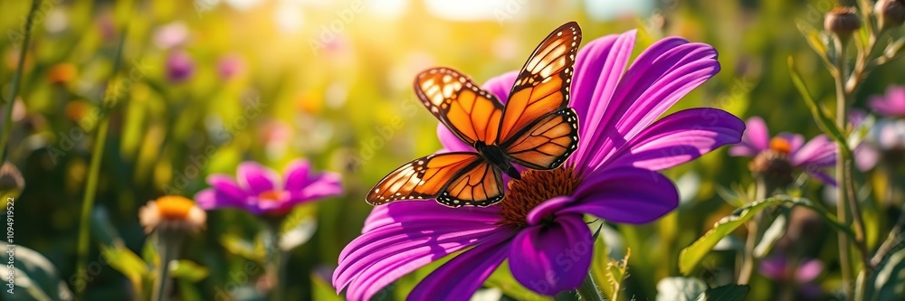 Obraz premium A stunning butterfly resting its wings on the velvety purple surface of an exotic wildflower amidst lush green foliage in a warm sun-drenched meadow, garden, insects, meadow