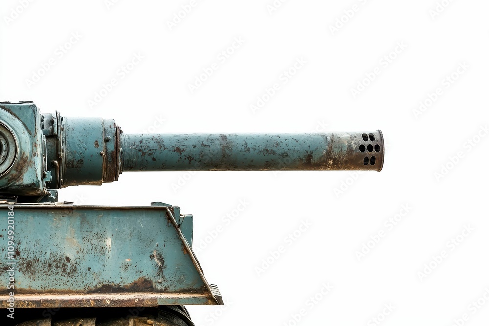 Rusty tank barrel, weathered metal, powerful weapon.