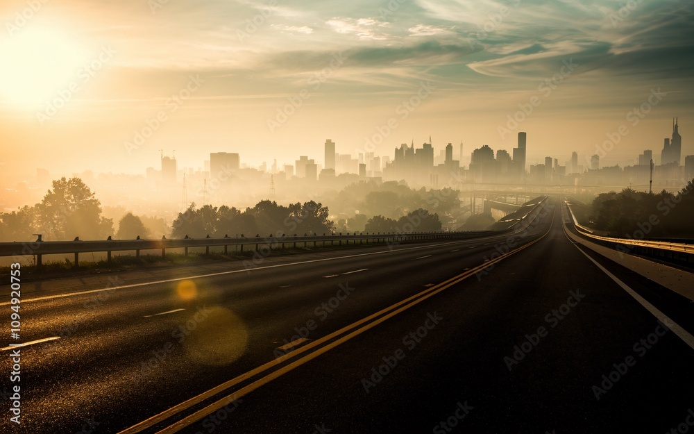 A cinematic shot of a wide open highway with a tranquil urban scene. The highway stretches into the distance, fading into the misty cityscape. A cinematic shot of a wide open highway with a tranquil urban scene. The highway stretches into the distance, fading into the misty cityscape.