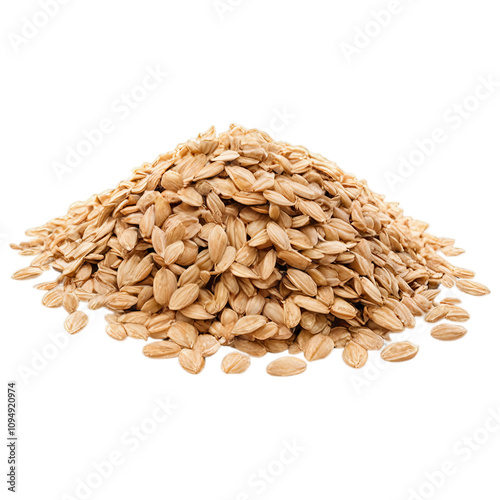 A close-up shot of a pile of unhulled rice grains, showcasing their light brown color and natural texture. photo