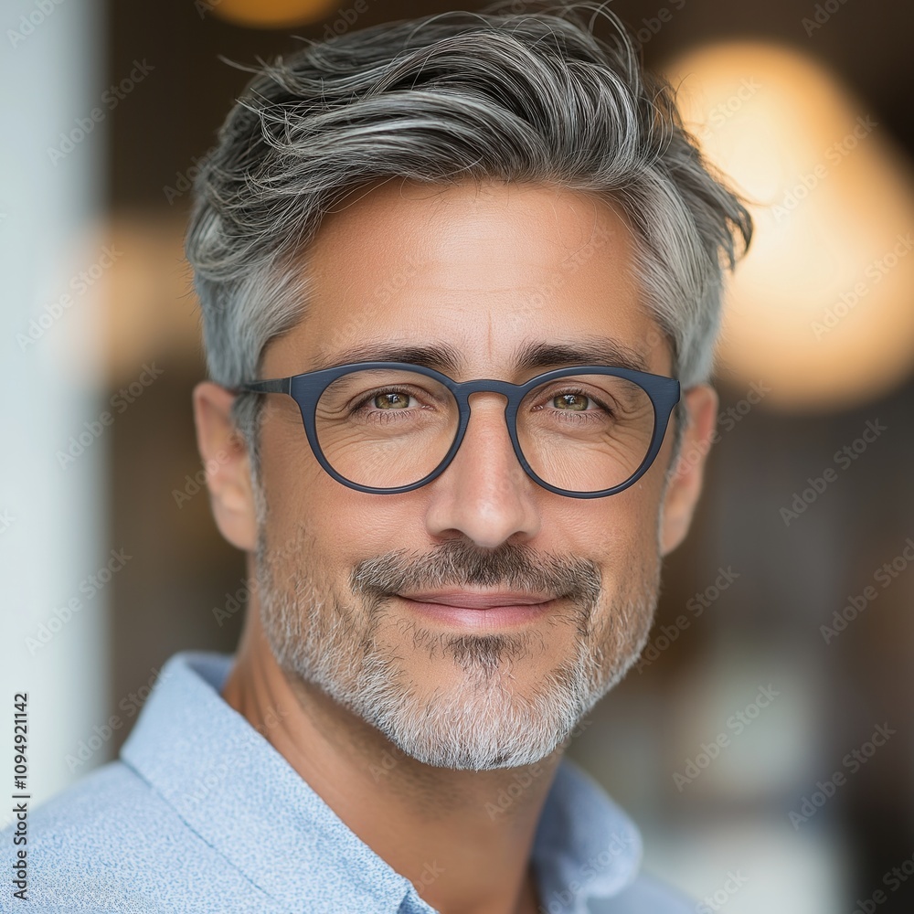A confident man wearing glasses smiles warmly, showcasing style and sophistication in a contemporary space. A confident man wearing glasses smiles warmly, showcasing style and sophistication in a contemporary space.
