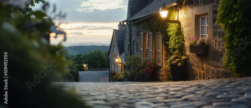 Charming European Village Street with Cobblestone Path, Vintage Houses, Flower Boxes, and Evening Lighting in a Tranquil Setting photo