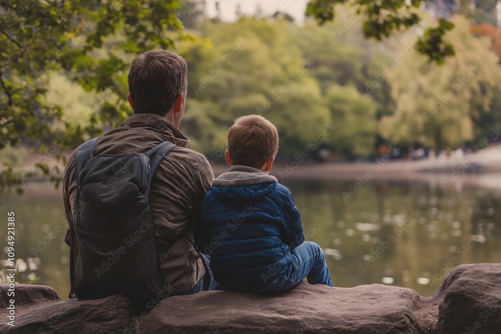 A father and son enjoying quality time by a peaceful lake, emphasizing family bonds and togetherness. A father and son enjoying quality time by a peaceful lake, emphasizing family bonds and togetherness.