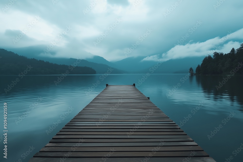 Fototapeta premium A serene dock over a calm lake, shrouded in mist, inviting moments of reflection and tranquility in nature.