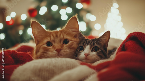 Cute cats together under a blanket in a room decorated for Christmas. Cute pets. photo