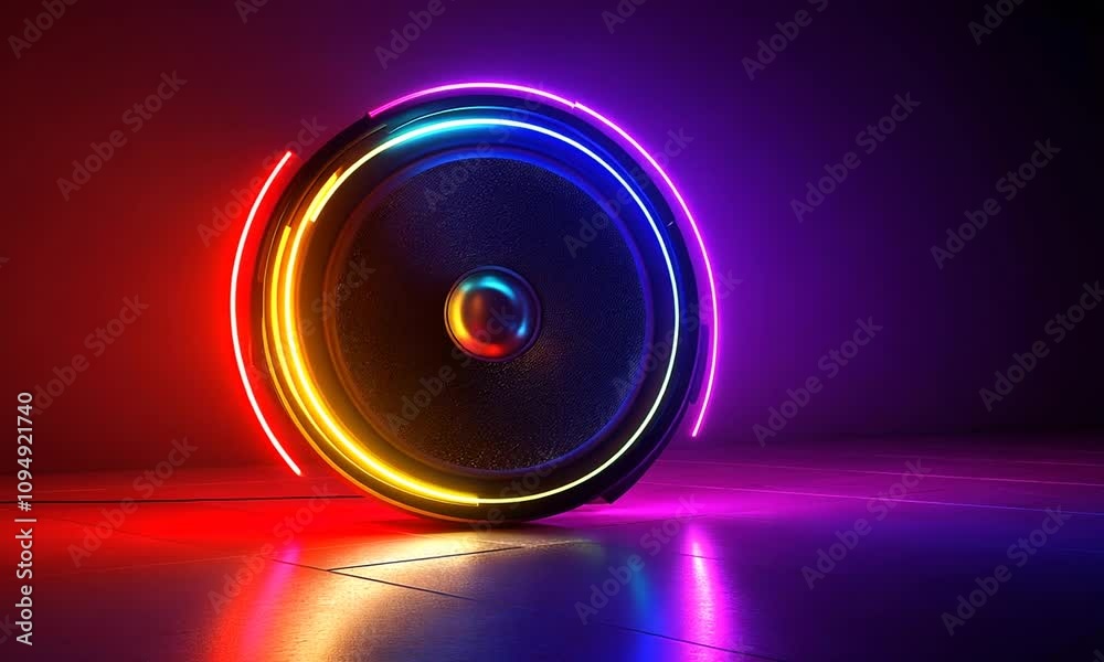 Colorful Neon Light Glowing Music Speaker Icon Video Background. Colorful Neon Light Glowing Music Speaker Icon Video Background.