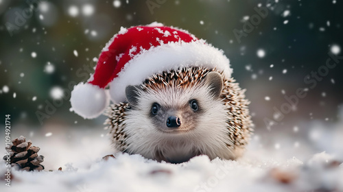 Christmas animal hedgehog in a winter forest in a Santa Claus hat. photo