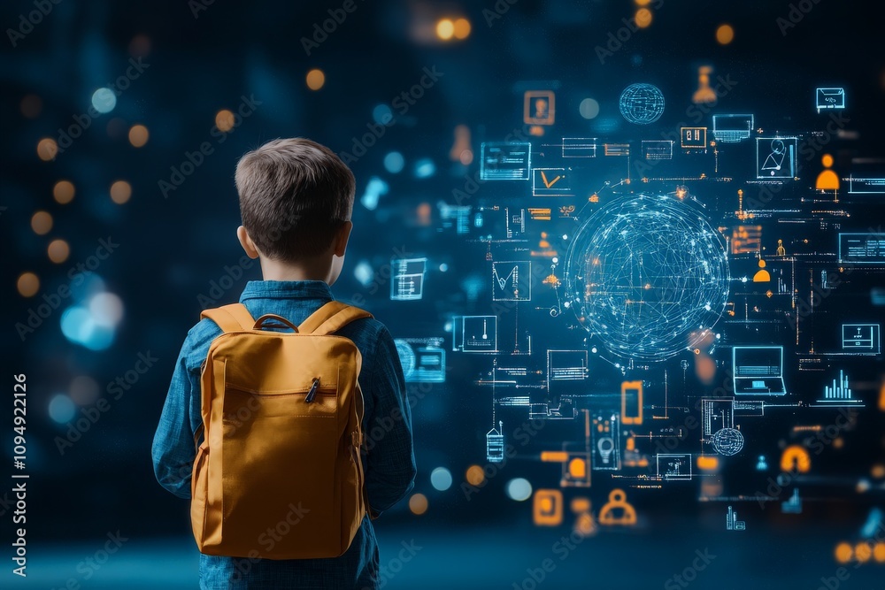 A young boy wearing a backpack stands in awe before a digital universe rendered with glowing data visuals, representing curiosity and technological aspirations. A young boy wearing a backpack stands in awe before a digital universe rendered with glowing data visuals, representing curiosity and technological aspirations.