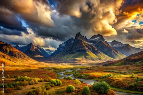 Captivating Windburned Landscape: A Majestic Scene of Striking Terrain Shaped by Nature's Forces, Showcasing the Raw Beauty of Rugged Mountains and Sweeping Valleys Under a Dramatic Sky photo