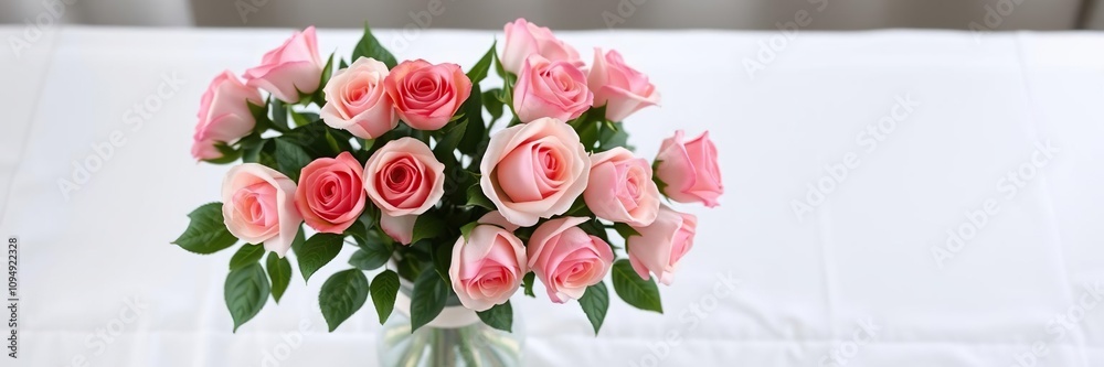 A vase filled with freshly picked Blossoming Grace roses is placed on a white tablecloth showcasing the beauty of the roses in a simple setting, roses, blossoming, flowers A vase filled with freshly picked Blossoming Grace roses is placed on a white tablecloth showcasing the beauty of the roses in a simple setting, roses, blossoming, flowers