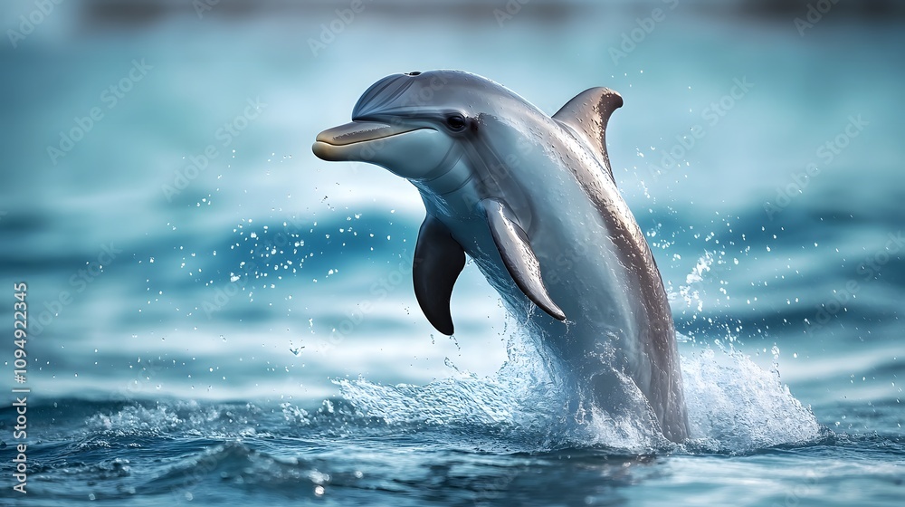 Obraz premium Bottlenose dolphins leap gracefully through the ocean waves, showcasing their aquatic acrobatics