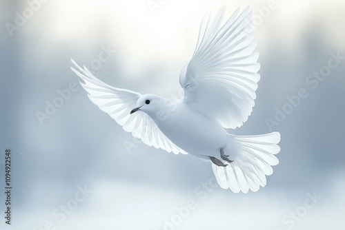 A stunning white bird soaring gracefully through the soft, ethereal background of wintery scenery. photo