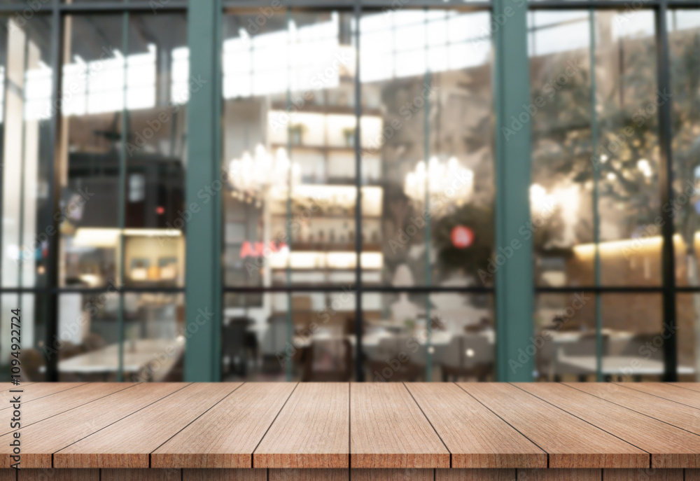 Empty wooden table top with lights bokeh on blur restaurant background. Empty wooden table top with lights bokeh on blur restaurant background.