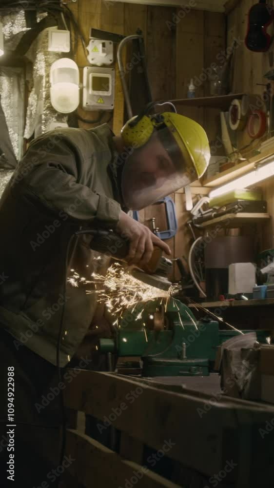 Medium full vertical shot of male technician in protective overalls, earmuffs, face shield polishing edge of metal or steel item with electric saw, with bright sparks flying towards camera