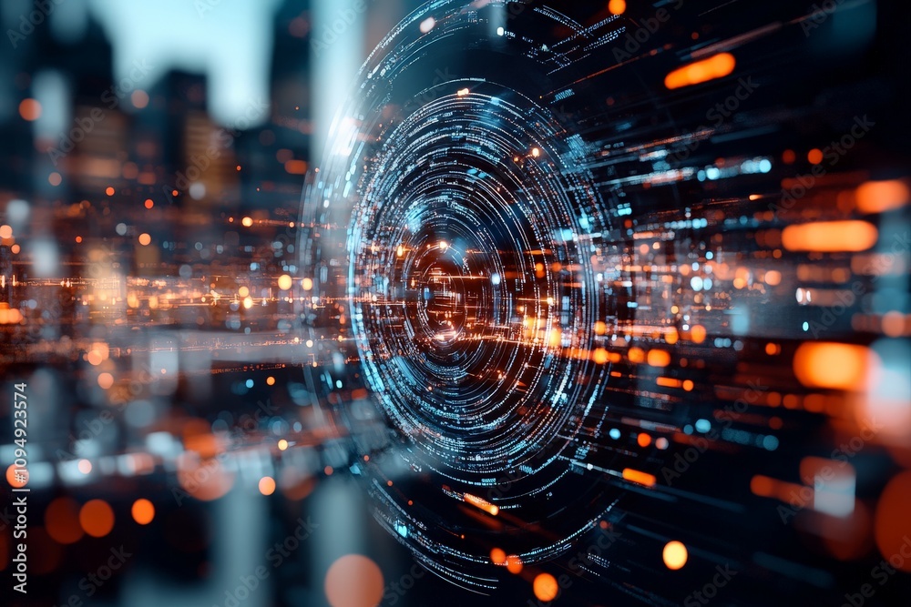 A circular glow symbolizes the flow of digital data, highlighted by bright orange and blue lights, illustrating speed, connectivity, and information technology.