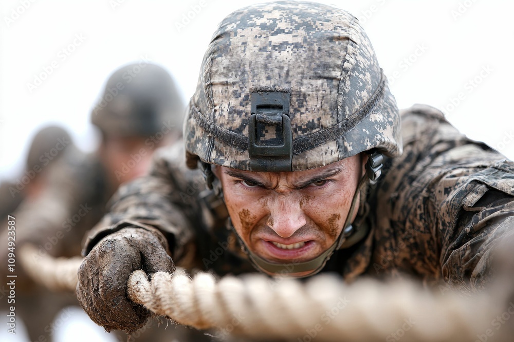 Obraz premium Muddy soldier pulls rope, intense focus.