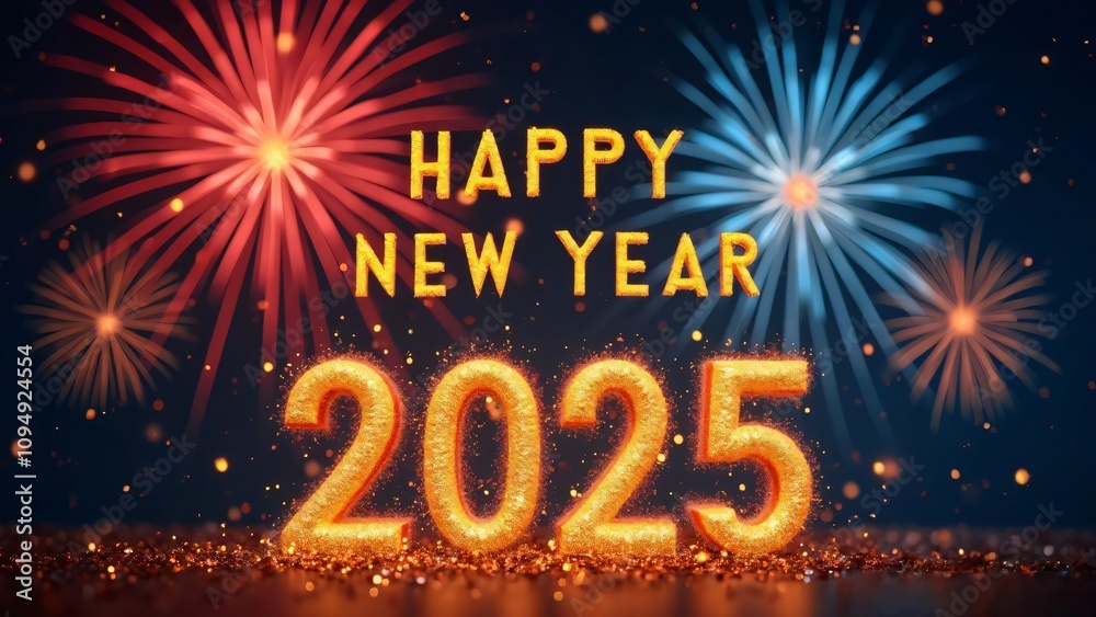 2025 Happy New Year 2025 Celebration With Glitter, sparklers And Fireworks In Blue Eve Night 2025 Happy New Year 2025 Celebration With Glitter, sparklers And Fireworks In Blue Eve Night