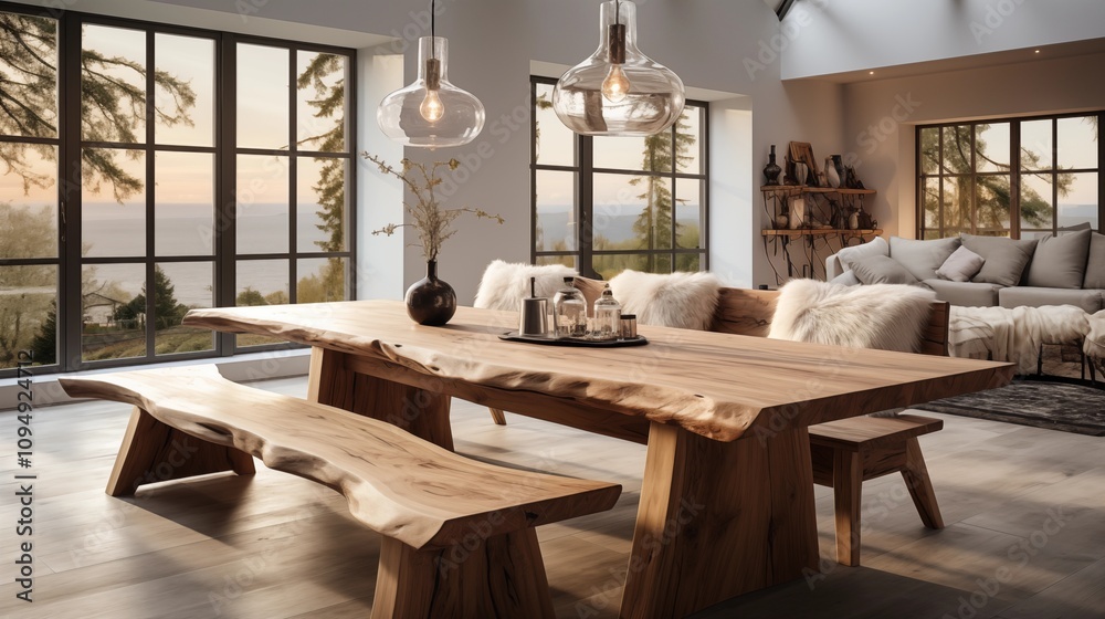 Scandinavian-inspired dining room with a solid wood live edge table and bench. A cozy space with natural elements and minimalist charm. Scandinavian-inspired dining room with a solid wood live edge table and bench. A cozy space with natural elements and minimalist charm.