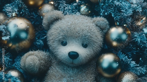 A cozy teddy bear surrounded by shimmering ornaments, evoking a warm and festive holiday atmosphere.