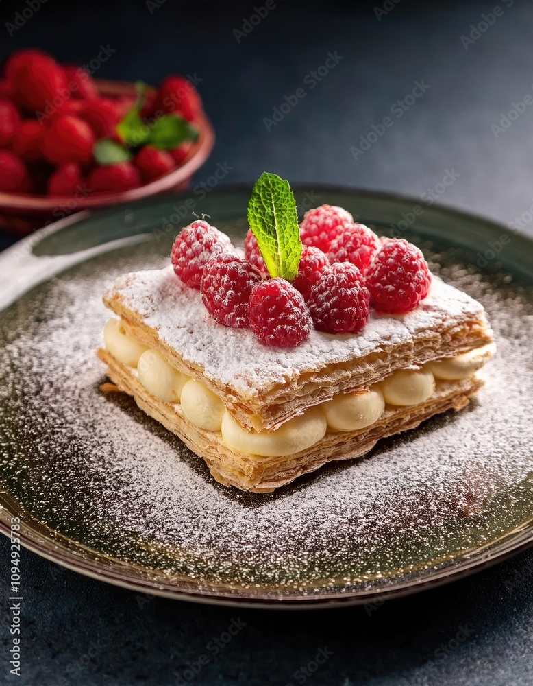 Delicious mille-feuille pastry decorated with raspberries and icing sugar is sitting on a plate Delicious mille-feuille pastry decorated with raspberries and icing sugar is sitting on a plate