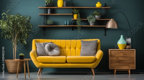 Modern Scandinavian living room with green loveseat sofa, yellow pillows, and a wooden bookcase. A stylish, cozy interior with a teal wall backdrop. photo