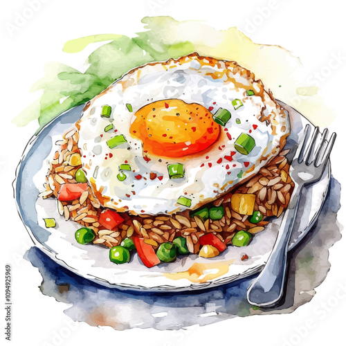 A watercolor of Nasi Goreng, isolated on a white background. Nasi Goreng vector.