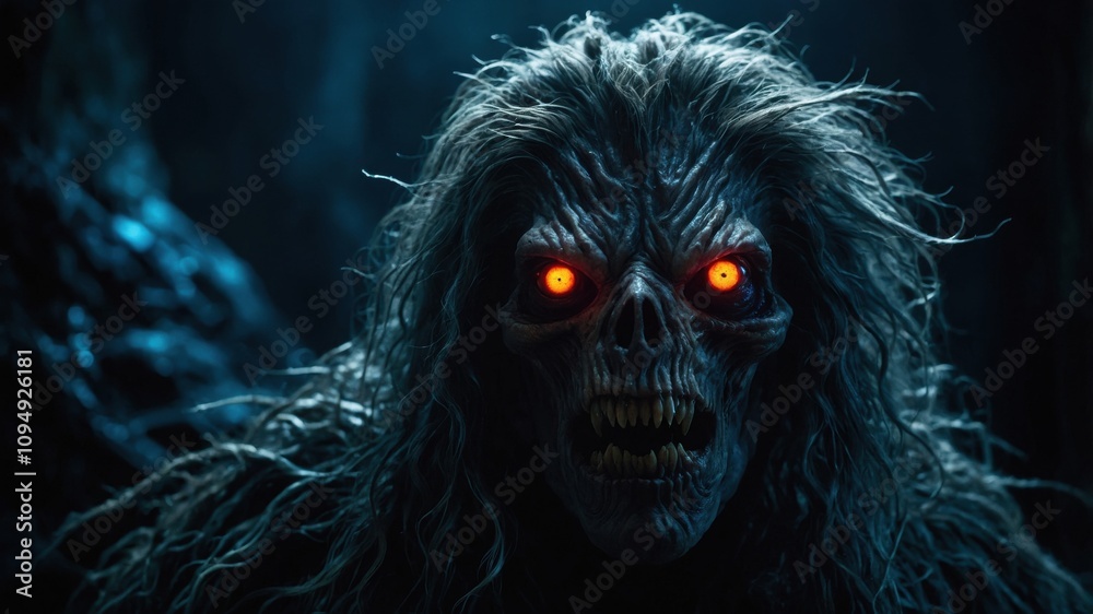 Fototapeta premium Close-up of a horrifying creature with skeletal features, glowing orange eyes, and wild hair, set in a dark, eerie forest. 