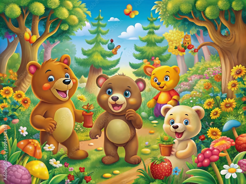 Naklejka premium Charming Cartoon Bears in a Vibrant Forest Setting: Playful and Whimsical Imagery for Children's Books and Educational Materials