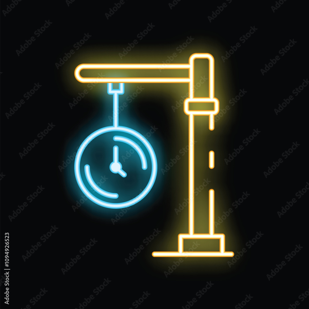 Neon sign representing deadline with clock hanging from construction crane on black background Neon sign representing deadline with clock hanging from construction crane on black background