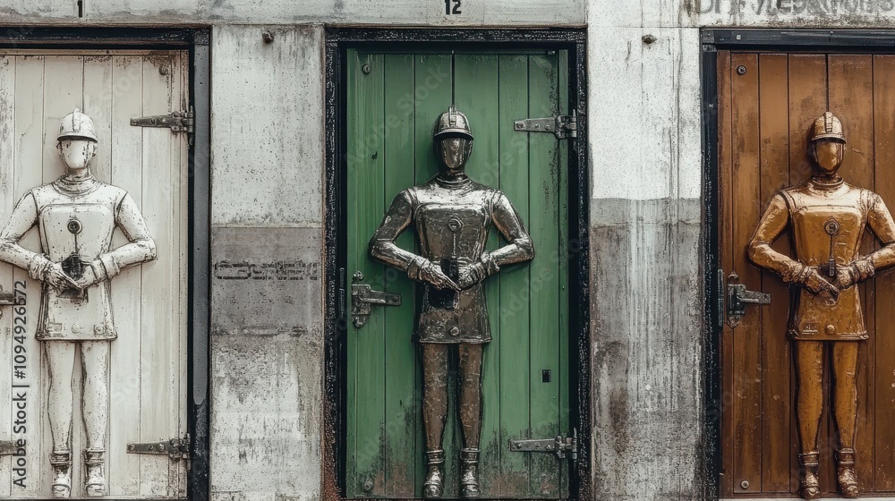 Three metallic human-like figures embedded in rustic doors, each uniquely colored and framed, symbolizing guardianship, artistry, and industrial creativity in an urban setting Three metallic human-like figures embedded in rustic doors, each uniquely colored and framed, symbolizing guardianship, artistry, and industrial creativity in an urban setting