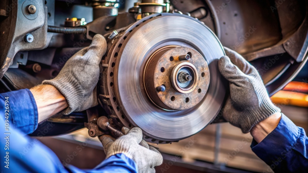 Mechanic working on a car's brake disc with gloved hands