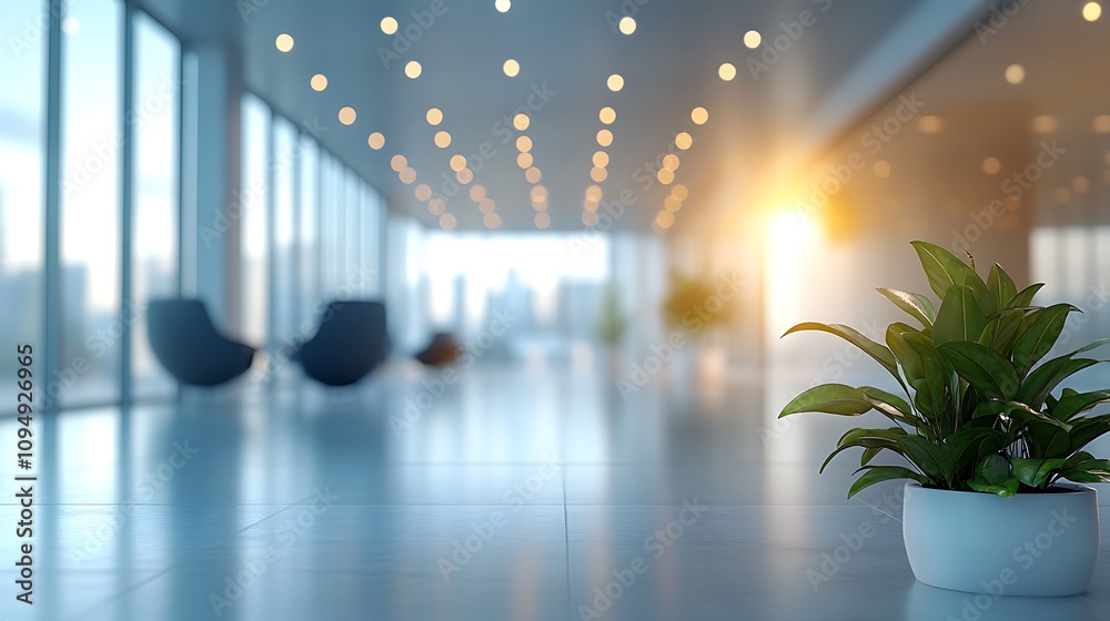 Fototapeta premium Morning sunlight streaming through modern office space indoor plants