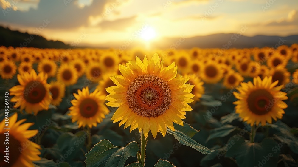 Fototapeta premium A vibrant field of sunflowers basking in the golden light of a sunset.