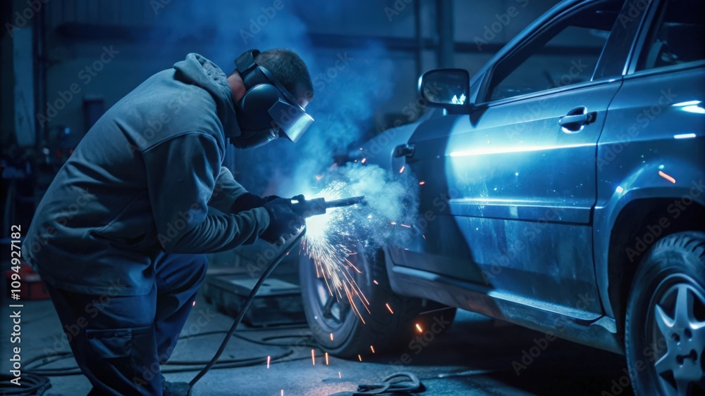 A Mechanic Welding a Car in a Garage A Mechanic Welding a Car in a Garage