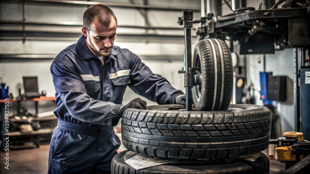 Mechanic Inspecting a Stack of Tires in a Workshop Mechanic Inspecting a Stack of Tires in a Workshop