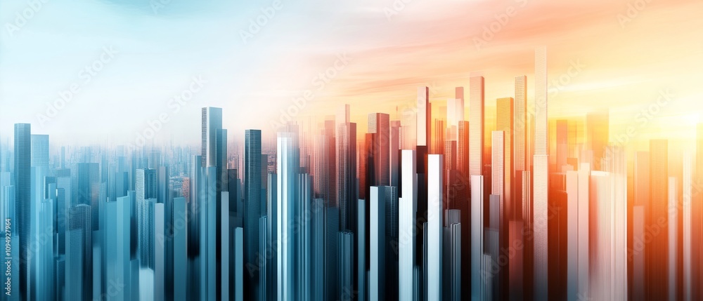 3D rendering of steel pillars forming city skyline with sunset sky