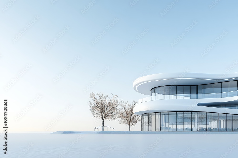 Fototapeta premium A modern architectural structure with wavy lines stands gracefully against a clear blue sky, exemplifying contemporary design and innovation in urban planning.