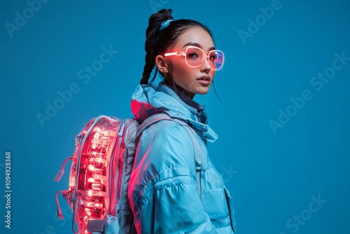 A stylish young woman wearing neon glasses and a light-up backpack stands against a striking blue background, embodying futuristic and urban fashion vibes. photo