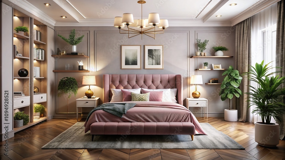 Chic Bedroom Interior Featuring a Pink Bed and Stylish Shelf with Lamp, Perfect for Modern Home Decor Inspiration and Cozy Living Spaces Chic Bedroom Interior Featuring a Pink Bed and Stylish Shelf with Lamp, Perfect for Modern Home Decor Inspiration and Cozy Living Spaces