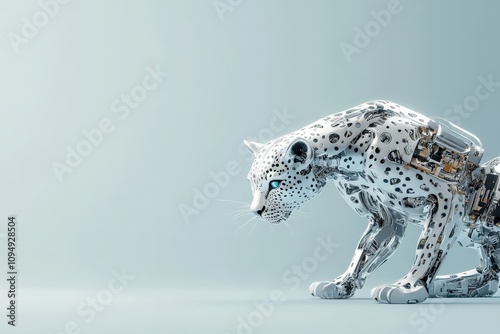 A striking and futuristic robotic leopard with sleek metallic components, symbolizing a blend of technology and nature's beauty in an innovative design. photo